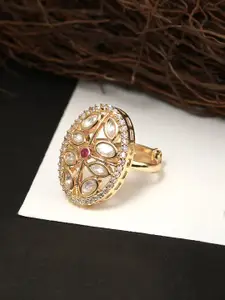 Adwitiya Collection 24CT Gold-Plated White & Maroon Oval Kundan Adjustable Finger Ring