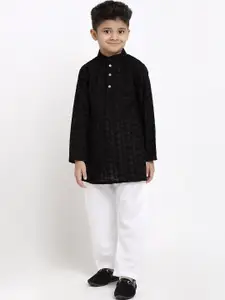 TREEMODA Boys Black Floral Embroidered Cotton Chikankari Kurta With Pajama