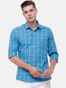 CAVALLO by Linen Club Men Blue Windowpane Checks Checked Casual Shirt