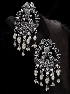 Moedbuille Silver-Plated & Off White Oxidised Handcrafted Peacock Shaped Drop Earrings