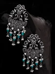 Moedbuille Silver-Plated & Blue Handcrafted Oxidised Peacock Shaped Drop Earrings