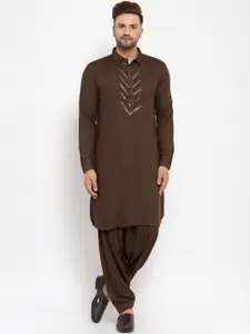 MAXENCE Men Brown Yoke Design Linen Kurta with Salwar
