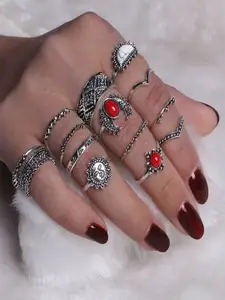 Shining Diva Fashion Set Of 14 Oxidised Silver-Toned  Red Stone-Studded Boho Midi Finger Rings