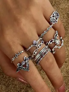 Shining Diva Fashion Women Set Of 10 Silver-Plated Crystal-Studded Fingers Rings