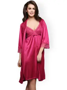 Clovia Pink Nightdress with Robe NS0326P23O