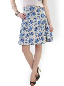 Belle Fille Blue & Cream-Coloured Floral Print A-line Skirt