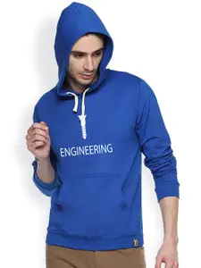 Campus Sutra Blue Printed Hooded Sweatshirt