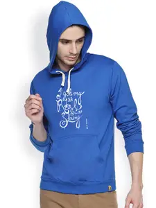 Campus Sutra Blue Printed Hooded Sweatshirt