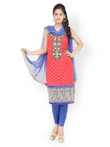 Chhabra 555 Red & Blue Embroidered Cotton Unstitched Dress Material