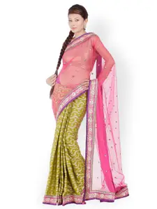 Chhabra 555 Pink & Green Embroidered Net Fashion Saree