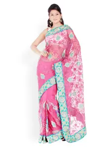 Chhabra 555 Pink Nylon Net Fashion Saree
