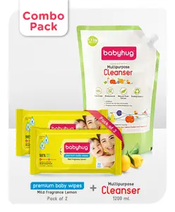 Babyhug Feeding Bottle Accessories & Vegetables Liquid Cleanser Refill Pack (1200 ml) and Babyhug Premium Baby Lemon Wipes - 72 Pieces (Pack of 2)