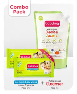Babyhug Feeding Bottle Accessories & Vegetables Liquid Cleanser Refill Pack (1200 ml) and Babyhug Premium Baby Wipes - 80 Pieces (Pack of 2)
