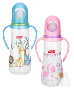 Babyhug Bubble Anti-Colic Feeding Bottle with Dual Handles - Blue & Pink 250 ml Pack of 2