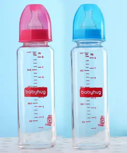 Babyhug Essential Slim Neck Glass Feeding Bottle Pack of 2 -Pink & Blue( 250 ML)