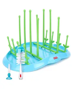 Babyhug Bottle Organizer Cum Drying Rack - Yellow & 2 In 1 Bottle & Nipple Cleaning Brush Combo Pack