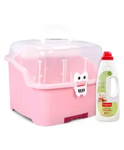 Babyhug 2 in 1 Bottle Drying Rack with Storage Box - Pink & Liquid Cleanser - 1000 ml Combo Pack