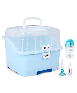 Babyhug 2 in 1 Bottle Drying Rack with Storage Box - Blue & 2 In 1 Bottle & Nipple Cleaning Brush Combo Pack