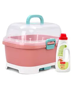 Fab N Funky Baby Bottle Drying Rack With Covered Case - Pink & Liquid Cleanser - 550 ml Combo Pack