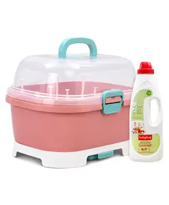 Fab N Funky Baby Bottle Drying Rack With Covered Case - Pink & Liquid Cleanser - 1000 ml Combo Pack