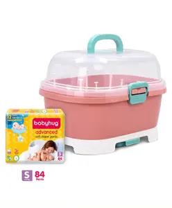 Babyhug Baby Bottle Drying Rack With Covered Case - Pink & Pant Style Diapers Small - 84 Pieces Combo Pack