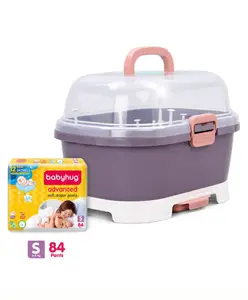 Fab N Funky 2 in 1 Baby Bottle Drying Rack With Storage Box - Purple & Pant Style Diapers Small - 84 Pieces Combo Pack