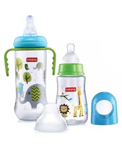 Babyhug Polypropylene Anti- Colic Sterilizable Feeding Bottle With Handle Blue Green - 250 ml & Babyhug Bubble Anti-Colic Sterilizable Feeding Bottle Blue - 125 ml Combo Pack