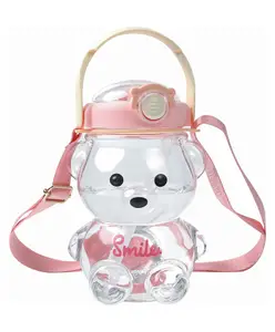 Elecart Transparent Big Bear Kids Water Bottle with Spill Proof Straw & Pop Button White 1000 ml