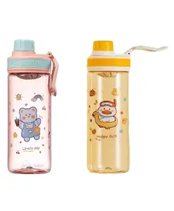 FunBlast Cartoon Print Water Bottle with Cap Lock for Boys and Girls Pack of 2 - 550ml