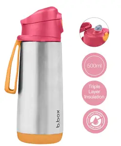 b.box Triple Wall Insulated Stainless Steel Sport Spout Drink Water Bottle 500ML - Keep Drinks Hot & Cold - Strawberry Shake Pink