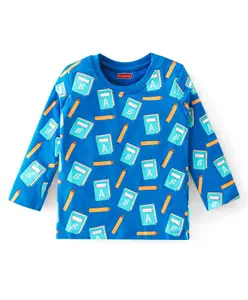 Babyhug 100% Cotton Knit Full Sleeves T-Shirt Note Book Print - Blue