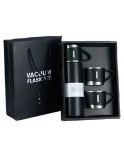 YAMAMA Stainless Steel Thermo Vacuum Insulated Bottle with 3 Cups for Hot & Cold Drinks Portable Water Flask with Cups (500ml Black)