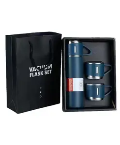 YAMAMA Stainless Steel Thermo Vacuum Insulated Bottle with 3 Cups for Hot & Cold Drinks Portable Water Flask with Cups (500ml Blue)