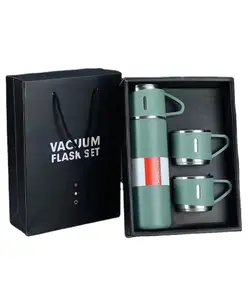 YAMAMA Stainless Steel Thermo Vacuum Insulated Bottle with 3 Cups for Hot & Cold Drinks Portable Water Flask with Cups (500ml Green)