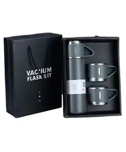 YAMAMA Stainless Steel Thermo Vacuum Insulated Bottle with 3 Cups for Hot & Cold Drinks Portable Water Flask with Cups Grey 500ml