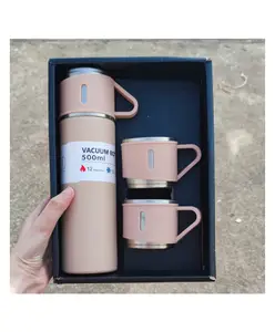 YAMAMA Stainless Steel Thermo Vacuum Insulated Bottle with 3 Cups for Hot & Cold Drinks Portable Water Flask with Cups Pink 500ml