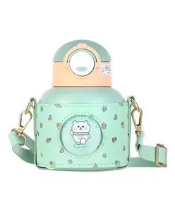Little Surprise Box Stainless Steel Mint Green Butterfly Teddy Water Bottle for kids with Matching Holder- 520 ml