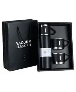 New Pinch Stainless Steel Thermo Vacuum Insulated Bottle with 3 Cups for Hot & Cold Drinks Portable Water Flask with Cups (500ml Black)