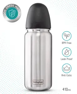 Babyhug Sterilizable Steel Feeding Bottle - 410 ml| BPA Free| Leak Resistant| BPA Free| 304 Grade| Anti-Colic| Newborns & Toddlers| Corrosion Resistant| Use as Water Bottle| Wide Neck