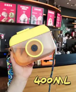 SCHOOLISH Camera Shape Plastic Water Bottle Travel Friendly Leak-Proof Drinking Bottle with Adjustable Shoulder Strap with Straw - Pack of 1 - COLOR MAY VARY