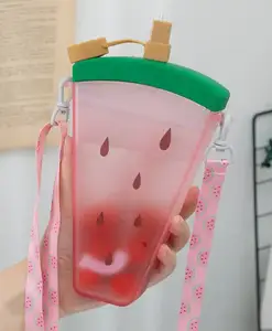 SCHOOLISH Fruit Theme Plastic Water Bottle Travel Friendly Leak-Proof Drinking Bottle with Adjustable Shoulder Strap with Straw - Pack of 1 - COLOR MAY VARY