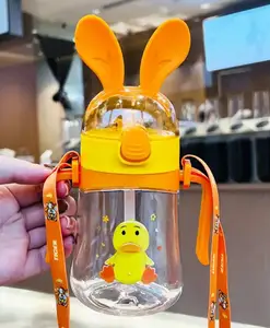SCHOOLISH Cute Bunny Ear Duck Plastic Water Bottle Travel Friendly Leak-Proof Drinking Bottle with Adjustable Shoulder Strap with Straw - Pack of 1 - COLOR MAY VARY