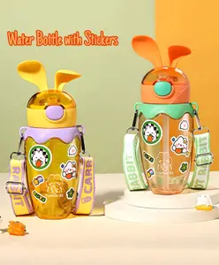 Elecart Cute Radish Water Bottle with Straw and Strap Cute Kawaii Bunny Carrot Water Cups Leak-Proof and Safe for Kids 580 ml (Color May Vary)