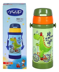 YOUP Stainless Steel Green Color Dinosaur Theme Kids Insulated Sipper Bottle With Strap BRAVE -350 ml