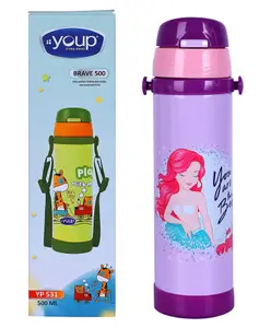 YOUP Stainless Steel Purple Color Mermaid Theme Kids Insulated Sipper Bottle With Strap BRAVE -500 ml