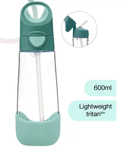 b.box Large Size Straw Top Water Bottle for kids - Spill Proof & Easy to Carry 600ML - Emerald Forest Green