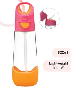 b.box Large Size Straw Top Water Bottle for kids - Spill Proof & Easy to Carry 600ML - Strawberry Shake Pink