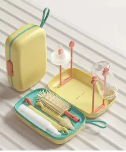 Fab N Funky Multipurpose Bottle & Nipple Cleaning Brush Set Along With Bottle Drying Rack - Yellow