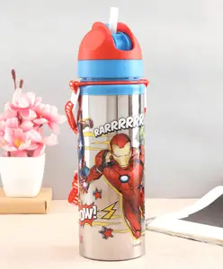 Marvel By SKI Avengers Steel Water Bottle With Pop-up Straw - 650 ml (Color and Print may vary)