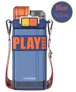 Schoolish Leak-Proof Square Water Bottle with Separate Button and Flip Cap Design, Spout and Straw, Bpa-Free Sports 520 ml Bottle for School and Outdoor Use - Pack of 1 - Color May Vary